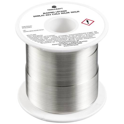 TOOLCRAFT Forrasztóón, ólommentes Tekercs Sn96,43Ag3Cu0,5Ni0,06Ge0,01 ROL1 250 g 0.7 mm (TO-9503331) (TO-9503331)