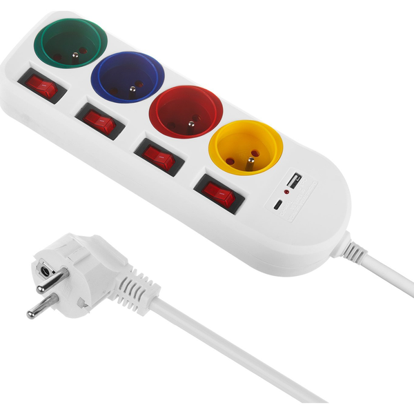 Maclean MCE508 W 220V USB-A / USB-C Hálózati elosztó 4 aljzatos 1.5m - Fehér