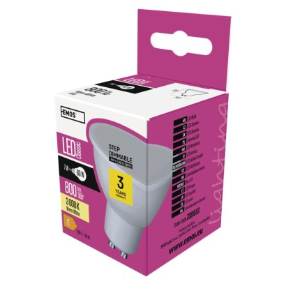 EMOS LED izzó Classic MR16 / GU10 / 7 W (60 W) / 800 lm / meleg fehér / dimmelhető (DBKF-EMZQ8155S)