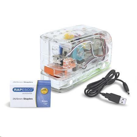 RAPESCO "626EL" Tűzőgép, 26/6, 15 lap, műanyag, elemes, USB töltővel, átlátszó (IR1450, 1450) (IR1450, 1450)