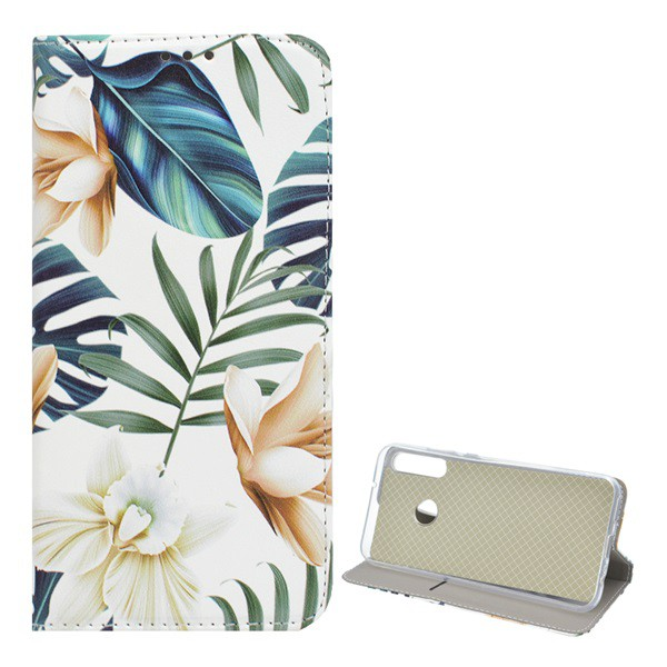 Tok álló, bőr hatású (FLIP, oldalra nyíló, asztali tartó funkció, színes virág minta) FEHÉR [Huawei P40 Lite E / Y7p] (5996457983087)