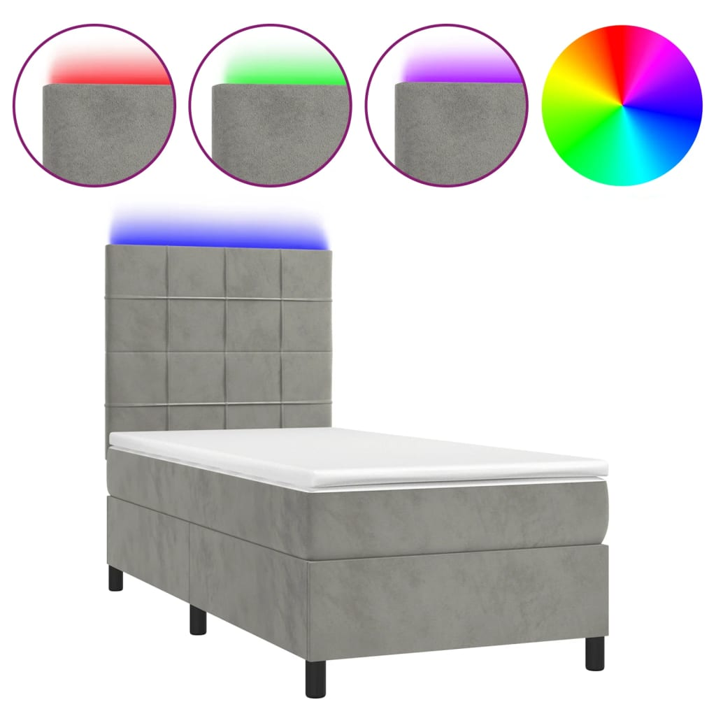 világosszürke bársony rugós és LED-es ágy matraccal 90x200 cm (3136101)