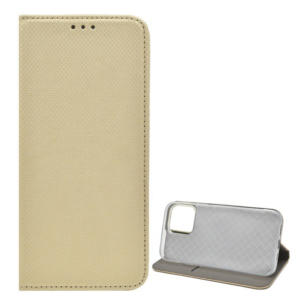 Tok álló, bőr hatású (FLIP, oldalra nyíló, asztali tartó funkció, rombusz minta) ARANY [Apple iPhone 13] (5996591126500)