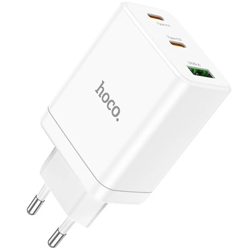 Hálózati töltő adapter, 35W, USB aljzat, 2 x USB Type-C aljzat, gyorstöltés, PD, QC 3.0, FCP, AFC, PPS, Hoco N33 Start, fehér (TS12320)