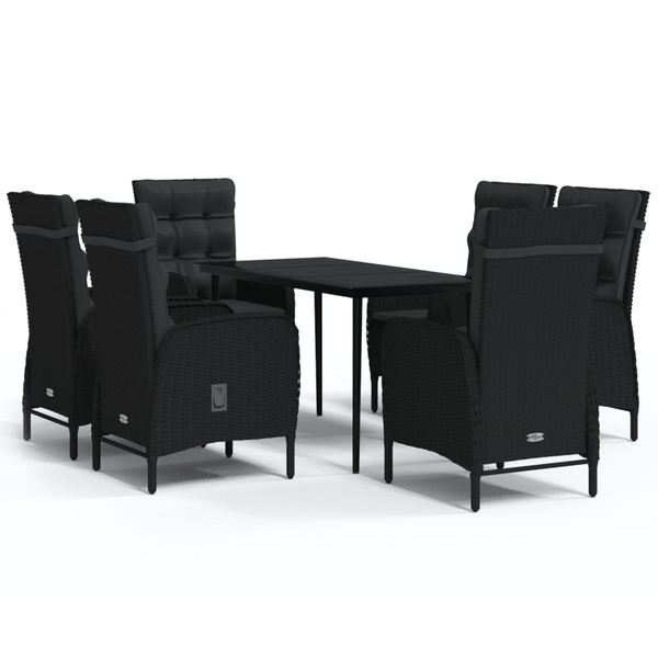 Set de masă pentru grădină, 7 piese, cu perne, negru