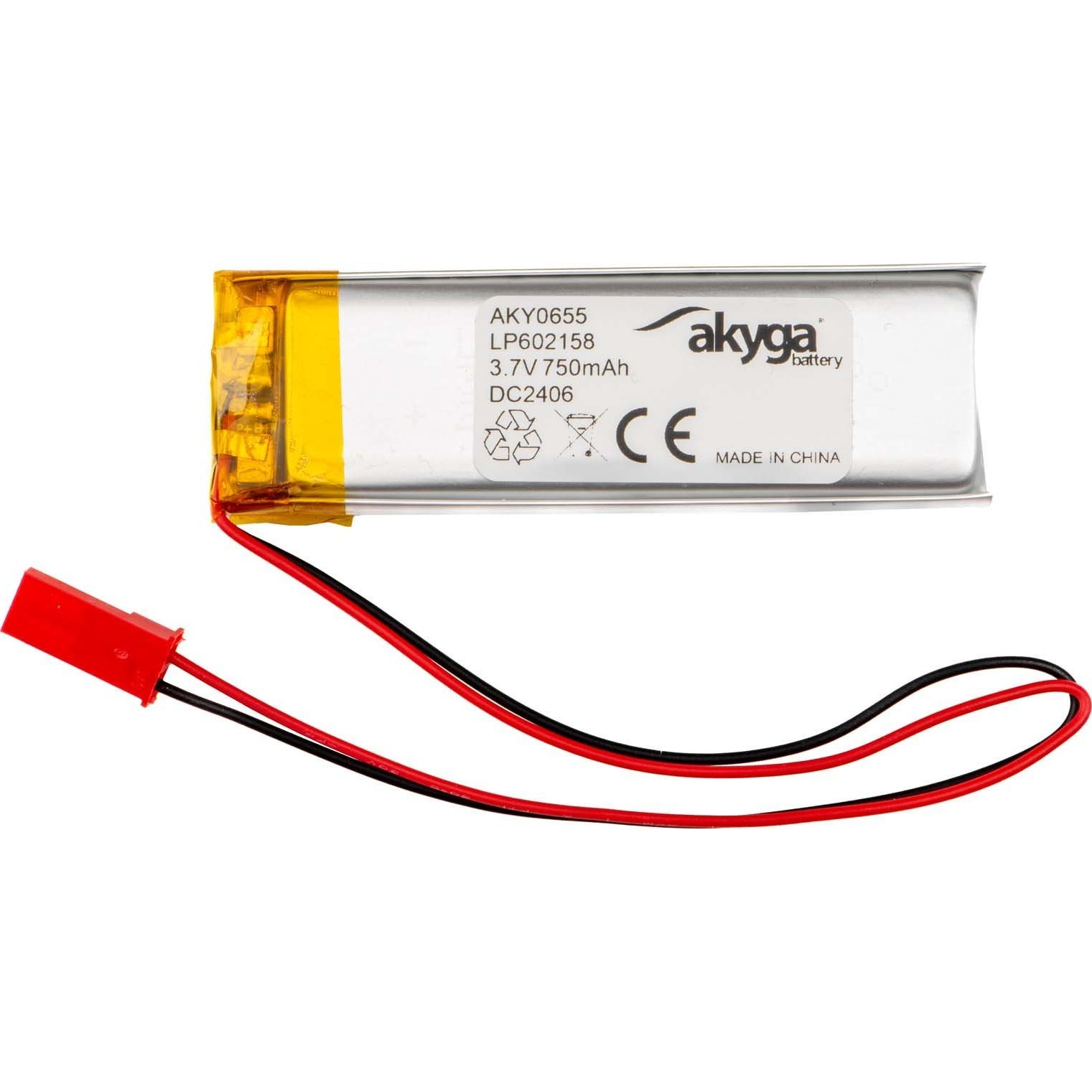 Lithium Polymer Battery Akyga AKY0655 LP602158 Li-Po 3.7V / 750mAh PCM JST 2.54 2Pin Connector 150mm (AKY0655)