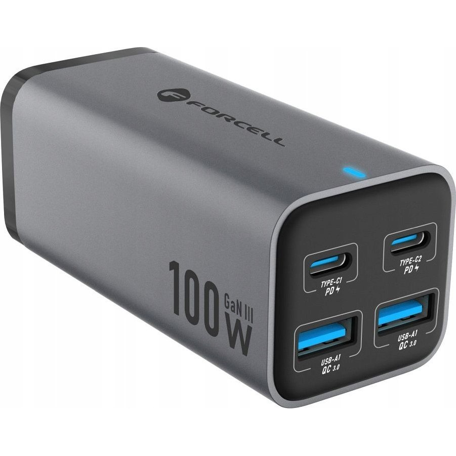 Forcell F-Energy GaN III VT-49 2xUSB-C + 2xUSB-A asztali töltő, PD, QC4.0, SFC2.0, 5A, 100W, szürke ( )