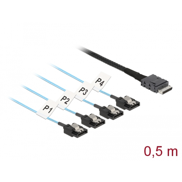 Delock Kábel OCuLink SFF-8611 > 4 x 7 tűs SATA 0,5 m fém (85468)