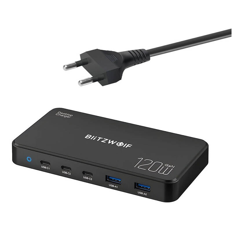 BlitzWolf BW-i100 2x USB Type-A / 3x USB Type-C Hálózati töltő - Fekete (120W) (BW-I100)