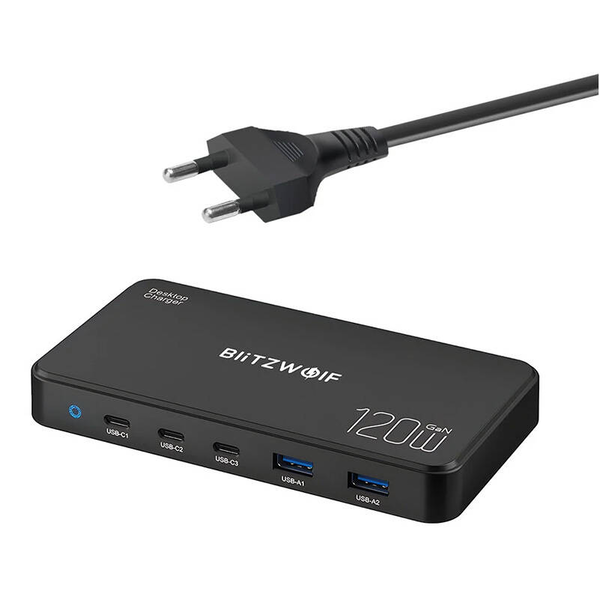 BlitzWolf BW-i100 2x USB Type-A / 3x USB Type-C Hálózati töltő - Fekete (120W)
