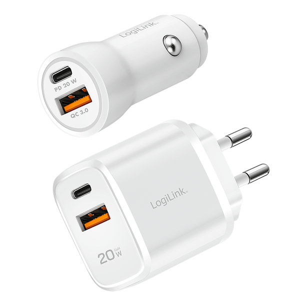 Logilink USB töltőkészlet, 20 W, 1x autós adapter és 1x fali adapter, 1x USB-A + 1x USB-C, fehér