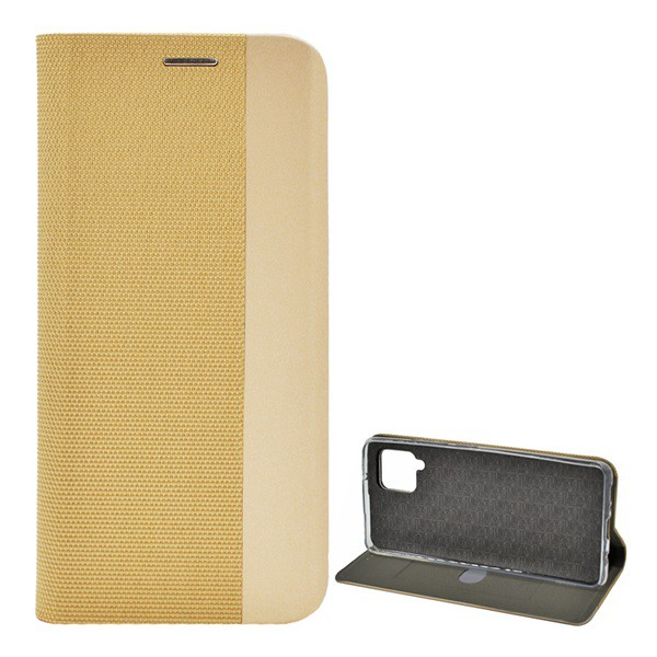 Tok álló, bőr hatású (FLIP, oldalra nyíló, asztali tartó funkció, textil minta) ARANY [Samsung Galaxy A42 5G (SM-A425F)] (5996591041124)