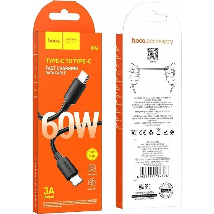 Hoco X96 Type-C / Type-C töltő- és adatkábel, 60W, 1m, fekete ( )