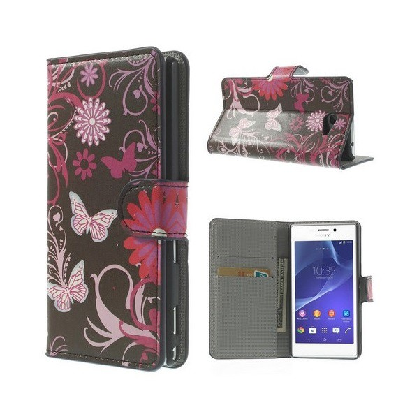 Tok álló, bőr hatású (FLIP, oldalra nyíló, asztali tartó funkció, pillangó, virág minta) FEKETE [Sony Xperia M2 (D2303)] (5996457461950)