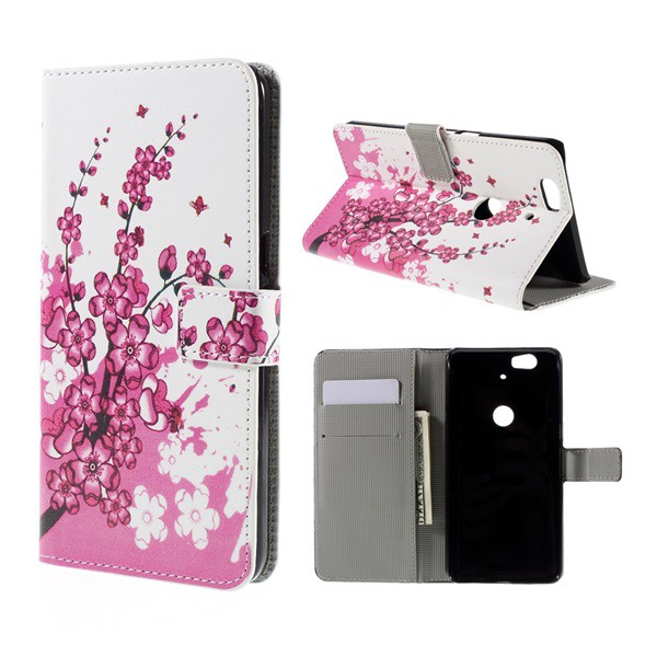 Tok álló, bőr hatású (FLIP, oldalra nyíló, asztali tartó funkció, virág minta) FEHÉR [Huawei Nexus 6P] (5996457605132)