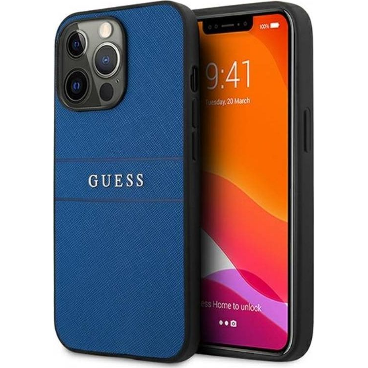 Guess PU Saffiano Apple iPhone 13 Pro Max bőr hátlap tok, kék (GUE1350BLU)
