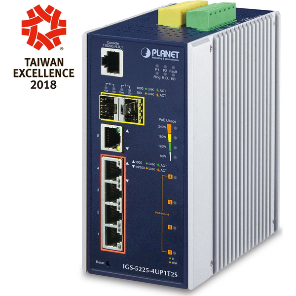 PLANET IGS-5225-4UP1T2S DIN sínre szerelhető 4port GbE LAN 2xSFP L2+ nem menedzselhető ipari PoE+ switch