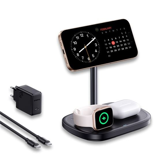 BASEUS EnerFill FS41 vezeték nélküli töltőállvány 22.5W + 45W hálózati gyorstöltő + 1m USB-C kábel fekete