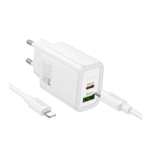 HOCO N61 USB+Type-C hálózati töltő 20W+ lightning kábel fehér (N61_USB_TYPEC_LIGHTNING_W)