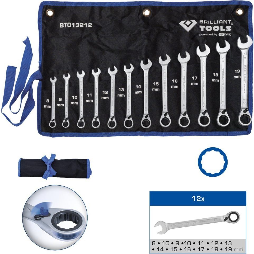 Brilliant Tools BT013212 BT013212 Gyűrűs-racsnis kulcs készlet Kulcsszélesség (metrikus) 8 - 53 mm (BT013212)