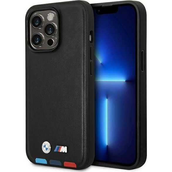 BMW Leather Stamp Tricolor Magsafe Apple iPhone 14 Pro Max hátlap tok, fekete (BMW000488)