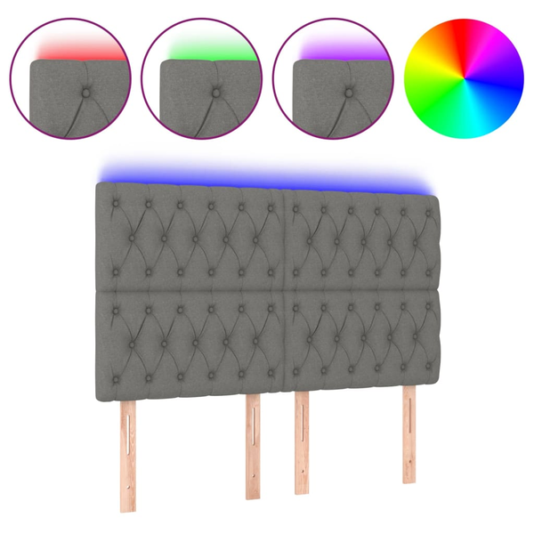 Tăblie de pat cu LED, gri închis, 144x7x118/128 cm, textil