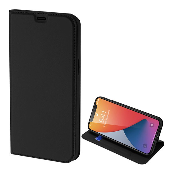 DUX DUCIS SKIN PRO tok álló, bőr hatású (FLIP, oldalra nyíló, bankkártya tartó, asztali tartó funkció) FEKETE [Apple iPhone 12 Pro] (5996457998340)