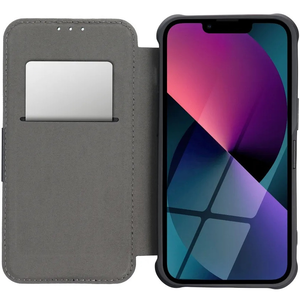 Apple iPhone 16e, Oldalra nyíló tok, légpárnás sarok, bőrhatású, karbon minta, Razor Book, fekete