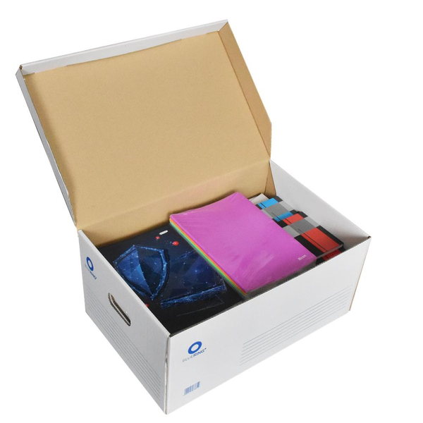 Bluering Archiváló konténer karton doboz fedeles 54x36x25cm, felfelé nyíló tetővel  fehér-kék