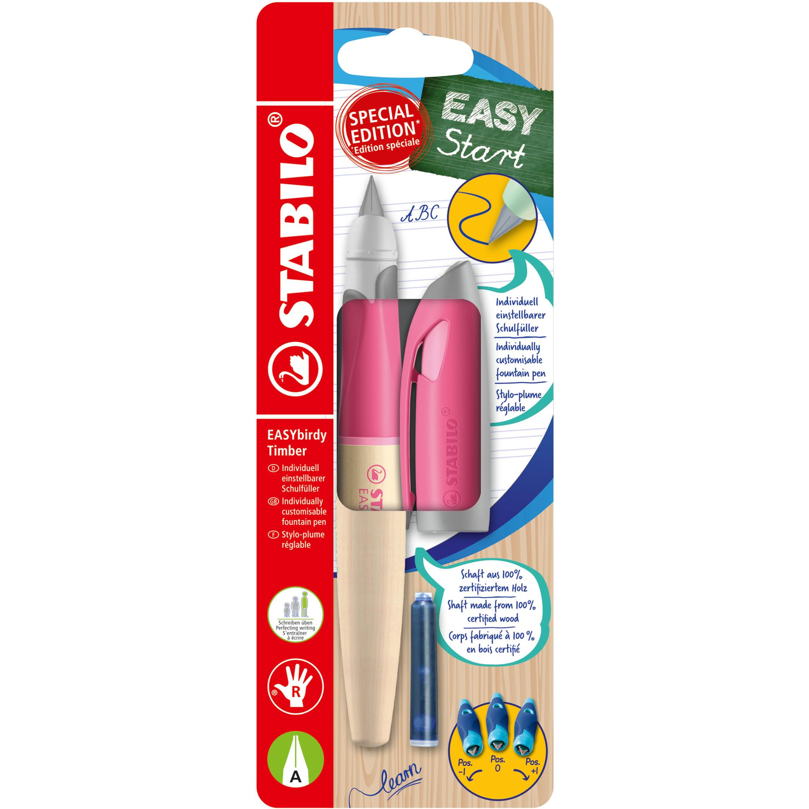 STABILO EASYbirdy Timber jobbkezeseknek, hegy kezdőknek, utántöltő a csomagban, rózsaszín (4006381606226)