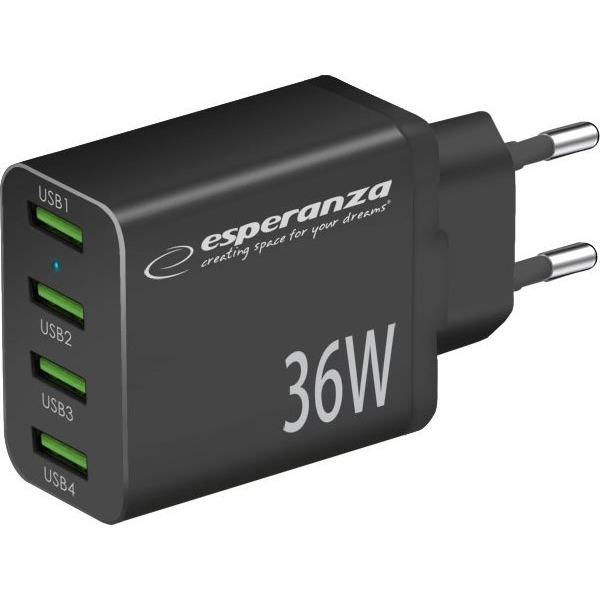 Esperanza Quick Power Charger 4xUSB-A Hálózati gyorstöltő Adapter 36W - Fekete ( )