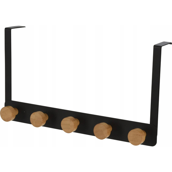 Storage Solutions Wieszak na drzwi czarny, metalowy, 5 drewnianych uchwytów, 33,5 cm