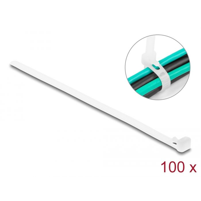Delock többször felhasználható kábelkötegelő 200x7.2mm, 100db fehér (18644) (delock18644)