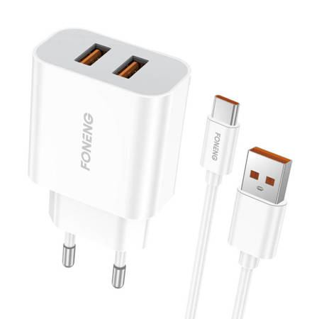 Foneng EU45 2xUSB-A hálózati töltő + USB-A - USB-C kábel fehér (EU45 Type-C) (EU45 Type-C)
