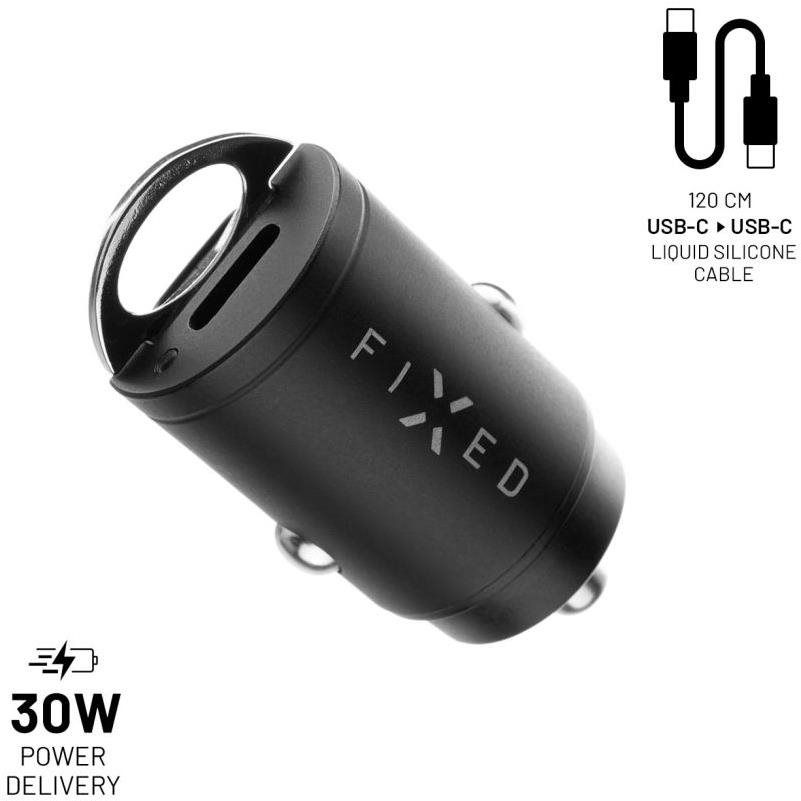 FIXED PD Rapid Charge Car Mini 2xUSB-C kimenet, USB-C/USB-C kábel, 1,2 m, PD 30W, fekete (FIXCC30M-2CC-BK)