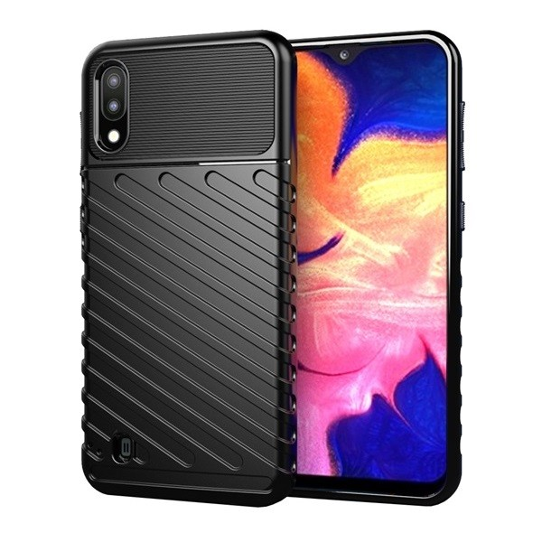 Samsung Galaxy A10 SM-A105F, Szilikon tok, közepesen ütésálló, domború csíkos minta, fekete