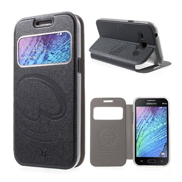 Tok álló, bőr hatású (FLIP, oldalra nyíló, asztali tartó funkció, S-View Cover) FEKETE [Samsung Galaxy J1 (SM-J100)] (5996457548200)