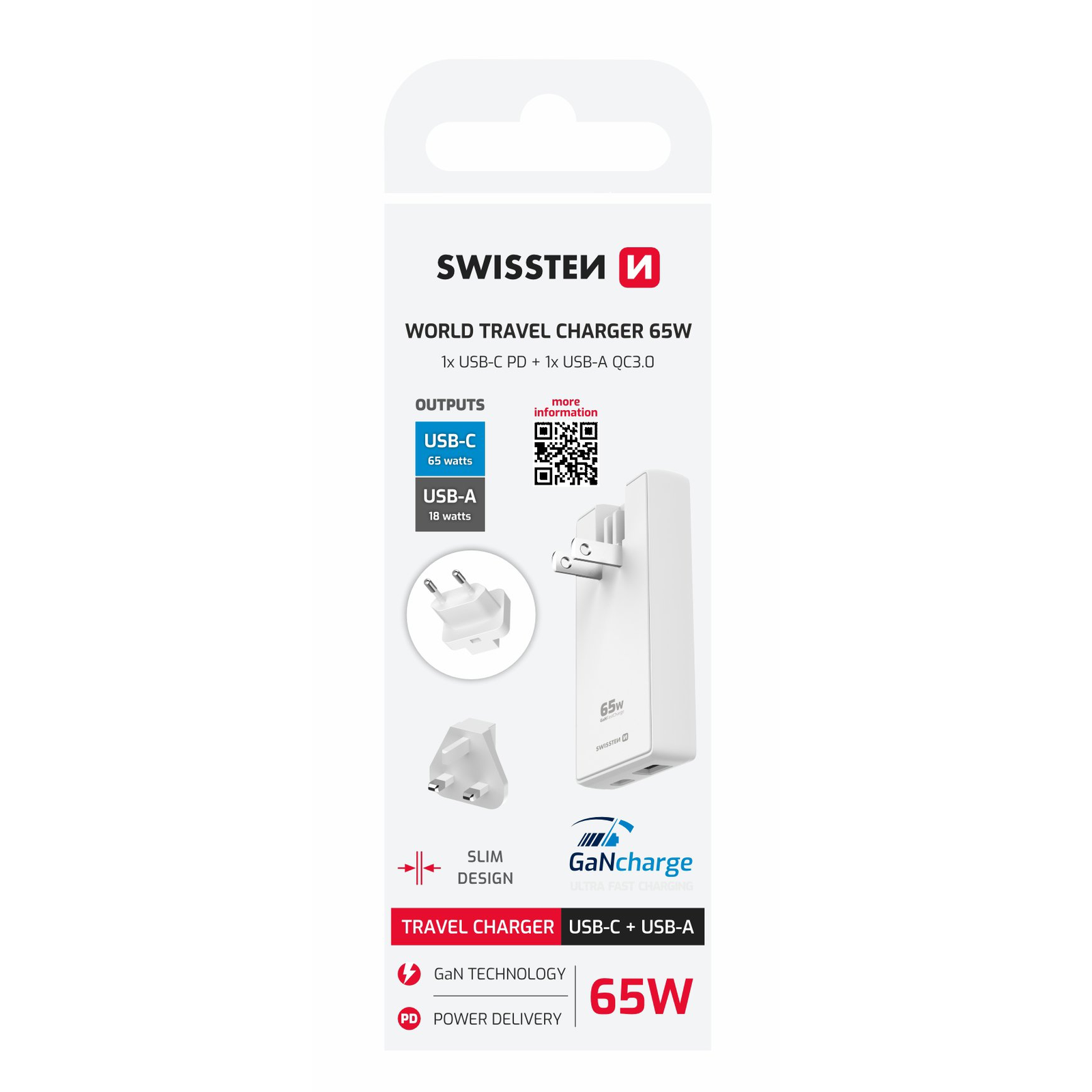 Swissten Utazó adapter, GaN, USB-C + USB-A, 65 W, cserélhető dugók (US, EU, UK), fehér (22071420)