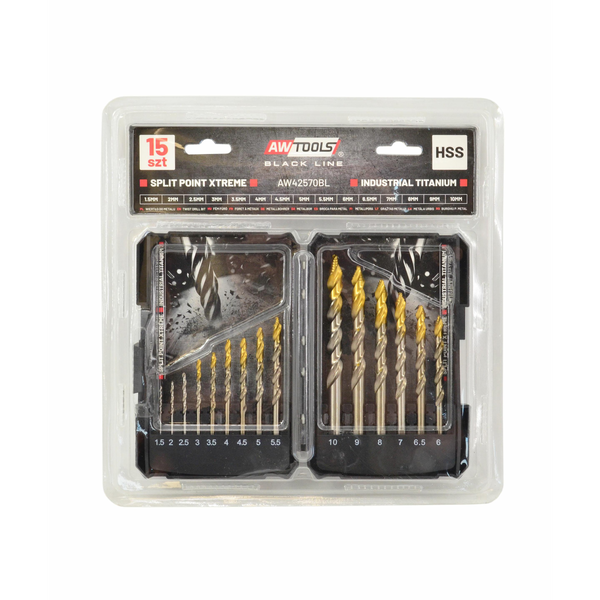 AWTOOLS WIERTŁO DO METALU M2 HSS-TiN KPL.15szt.  /1.5-10mm / BLACK LINE