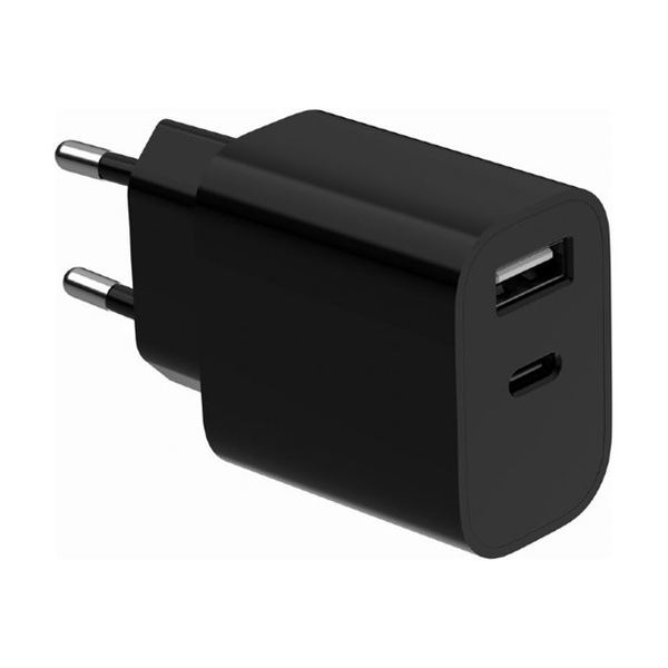 Gembird (TA-UC-2AC12-01-BK) мрежово USB зарядно, 1*USB-A и 1*USB-C изход, 5V, 2.4A, черно