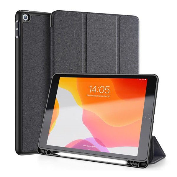 DUX DUCIS DOMO tok álló, bőr hatású (aktív FLIP, oldalra nyíló, TRIFOLD Apple pencil tartó, textil minta) FEKETE [Apple IPAD 10.2 (2021)]