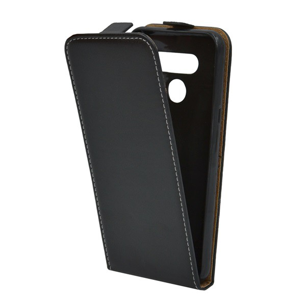 Tok álló, bőr hatású (FLIP, lefelé nyíló, szilikon tartó) FEKETE [LG Q60 (LMX525)] (5996457903764)