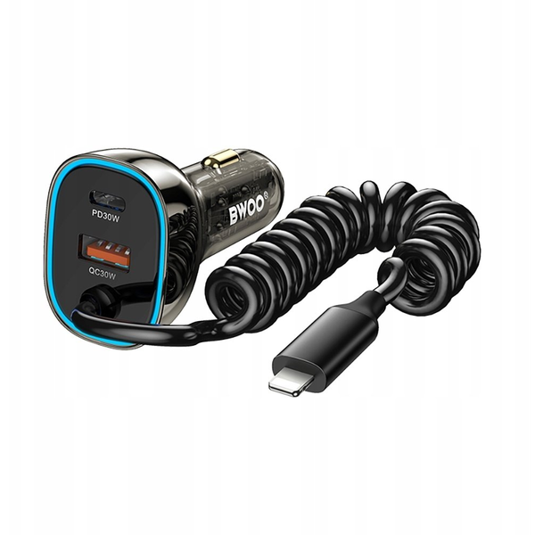 BWOO 30W ładowarka samochodowa PD CC96L 1x USB-C 1x USB z kablem lightning szara