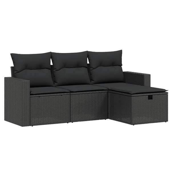 Set mobilier de grădină cu perne, 4 piese, negru, poliratan