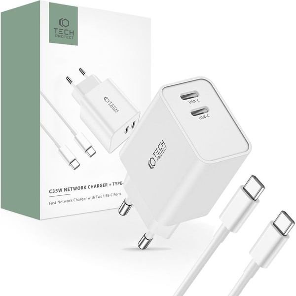 Síťová nabíječka Tech-Protect C35W, 2x USB-C, PD, 35W + USB-C kabel, bílá