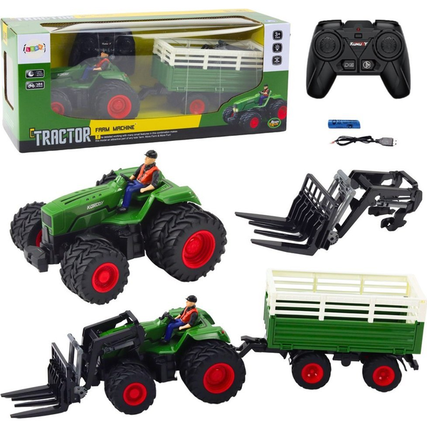 Mezőgazdasági Traktor Pótkocsival és Villákkal Twin Wheels RC Távirányítóval Távirányítható