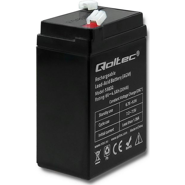Батерия за UPS Qoltec AGM, 6 V, 4,5 Ah, Макс. 1,35 A, Черен