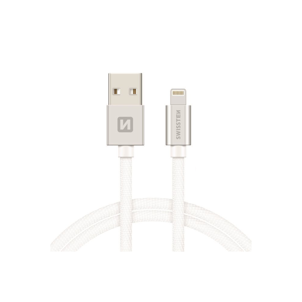 Swissten 71523203 Textile USB Type-A apa - Lightning apa Adat és töltő kábel - Fehér/Ezüst (1.2m)