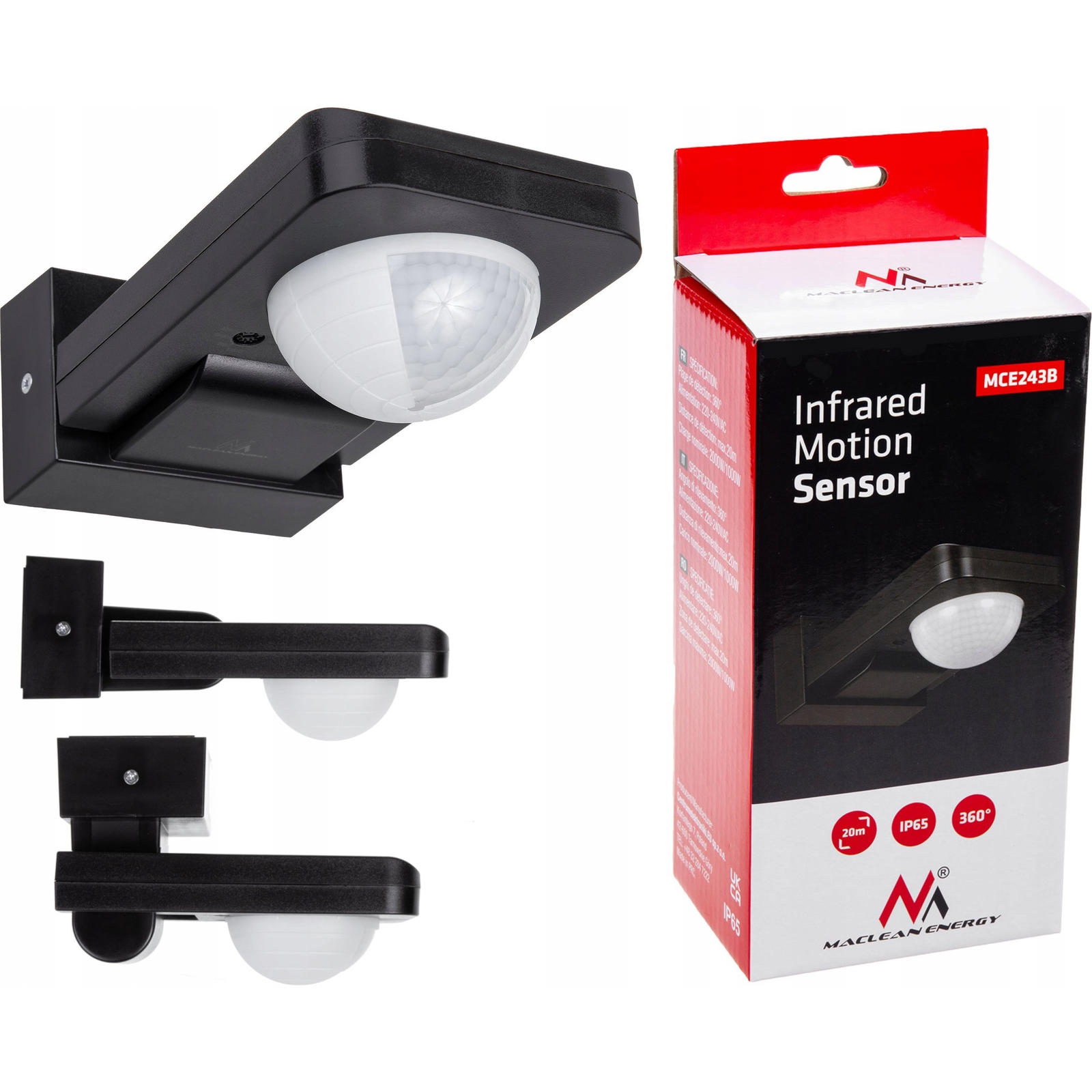 Maclean MCE243 B PIR Mozgásérzékelő, Infravörös, IP65, Fekete (MCE243 B)
