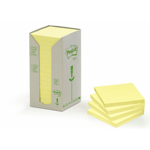 Bloc De Notas Adhesivas Quita Y Pon Recicladas En Torre Post-it 76 X 76 Mm 16 Blocs 654 Reciclado